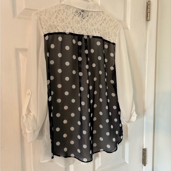 Sheer White Blouse Lace Yoke Polka Dot Back Button Front Roll Sleeve Top Women L - Picture 4 of 10